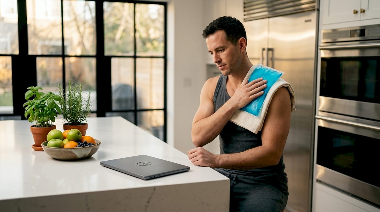 1779105974711 Man Icing Shoulder At Kitchen Table Man icing shoulder at kitchen table