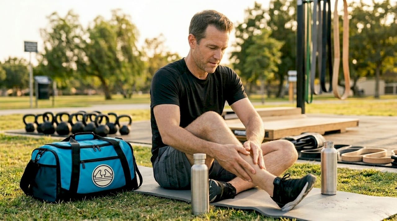 1779181598571 Man Resting And Hydrating In Gym Break Man resting and hydrating in gym break