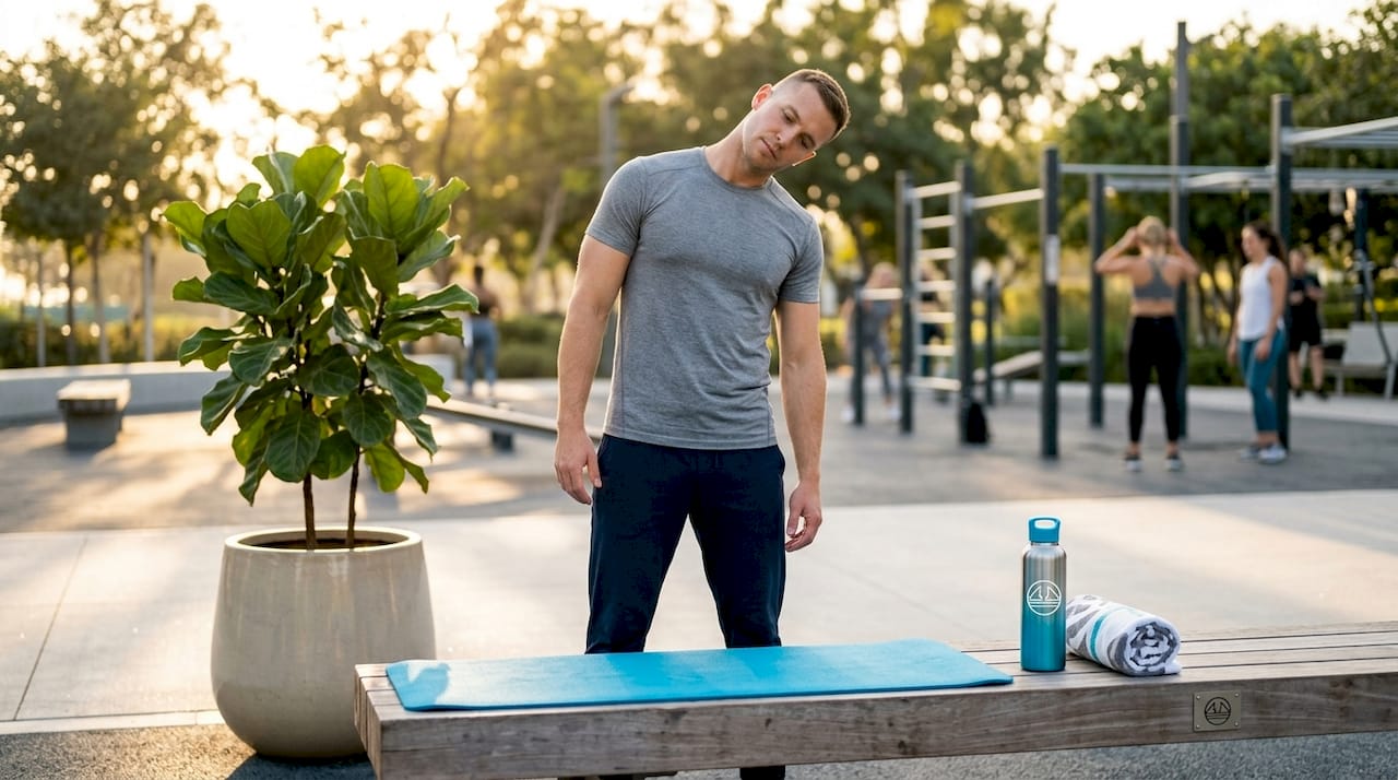 1779461569131 Man Stretching Neck In Home Gym Man stretching neck in home gym