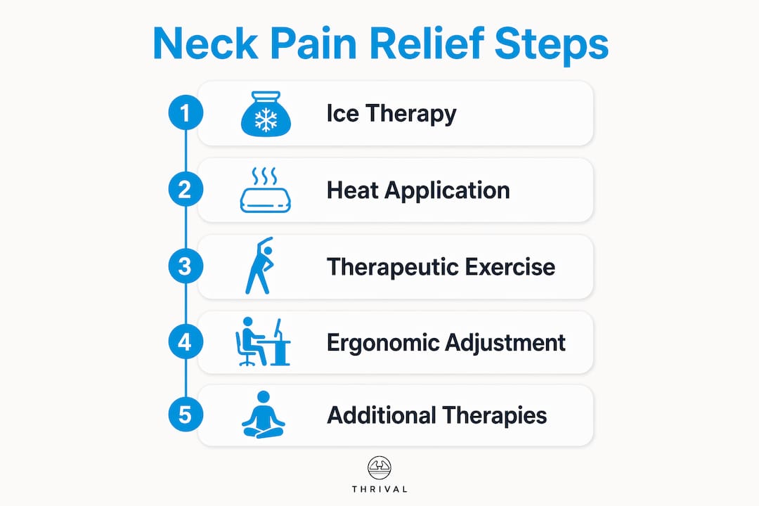 Infographic illustrating step-by-step neck pain relief process
