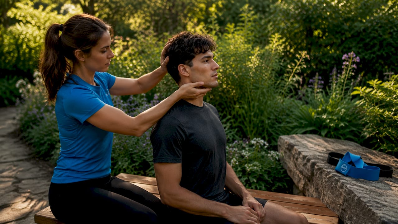 Physical therapist coaching therapeutic neck exercise