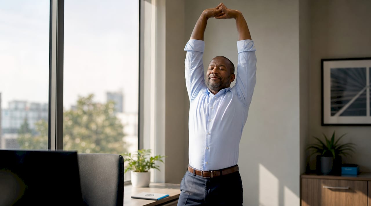 1781066147224 Office Worker Performing Standing Stretch At Desk Office worker performing standing stretch at desk