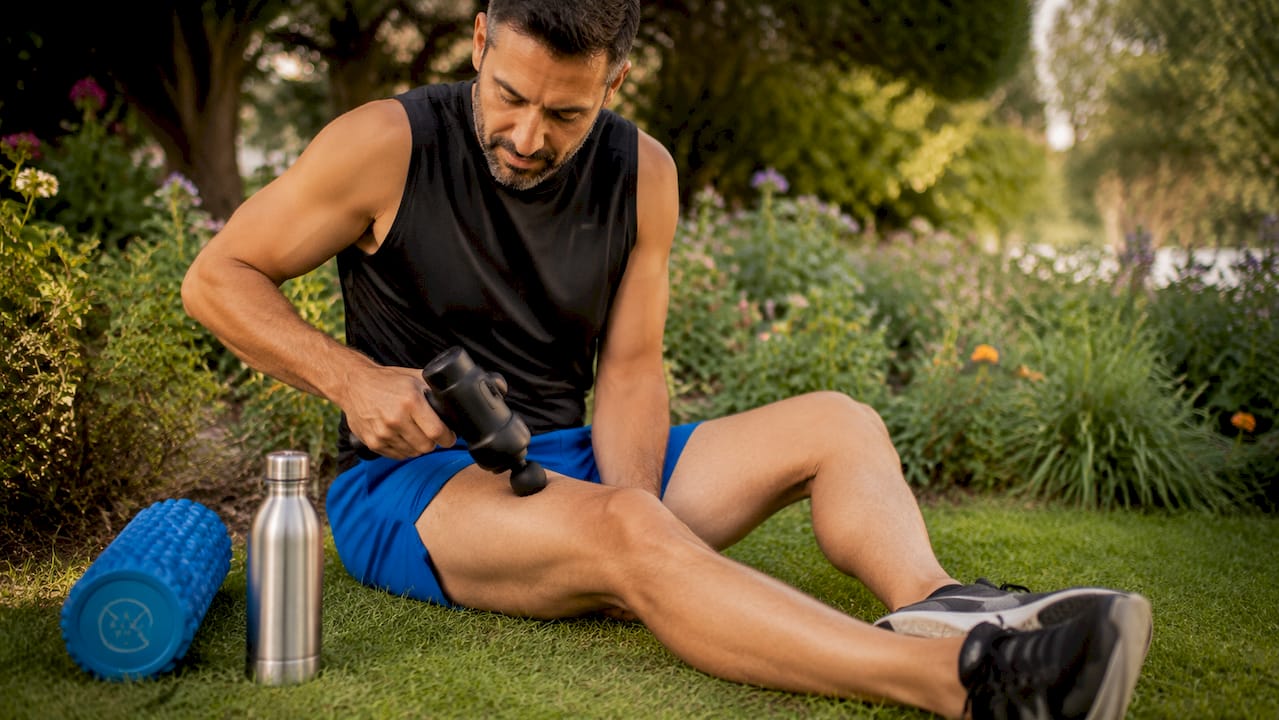 Man using massage device on calf muscle in home gym