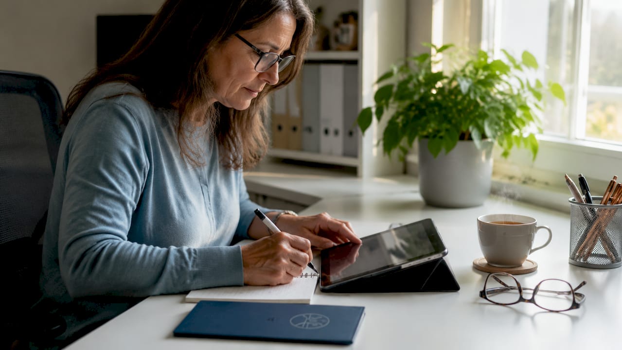 1782108884778 Woman Organizing Pain Diary And Medication App Woman organizing pain diary and medication app