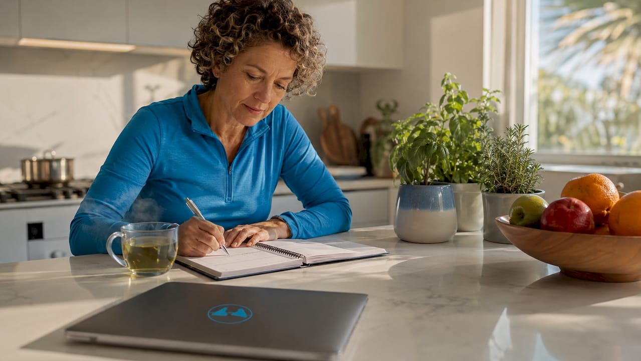 1782456571689 Woman Writing Pain Relief Checklist At Desk Woman writing pain relief checklist at desk