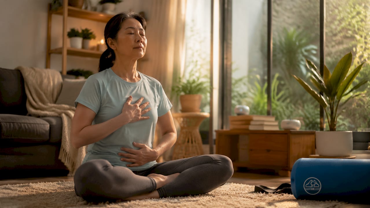 Woman practicing breathing for relaxation indoors