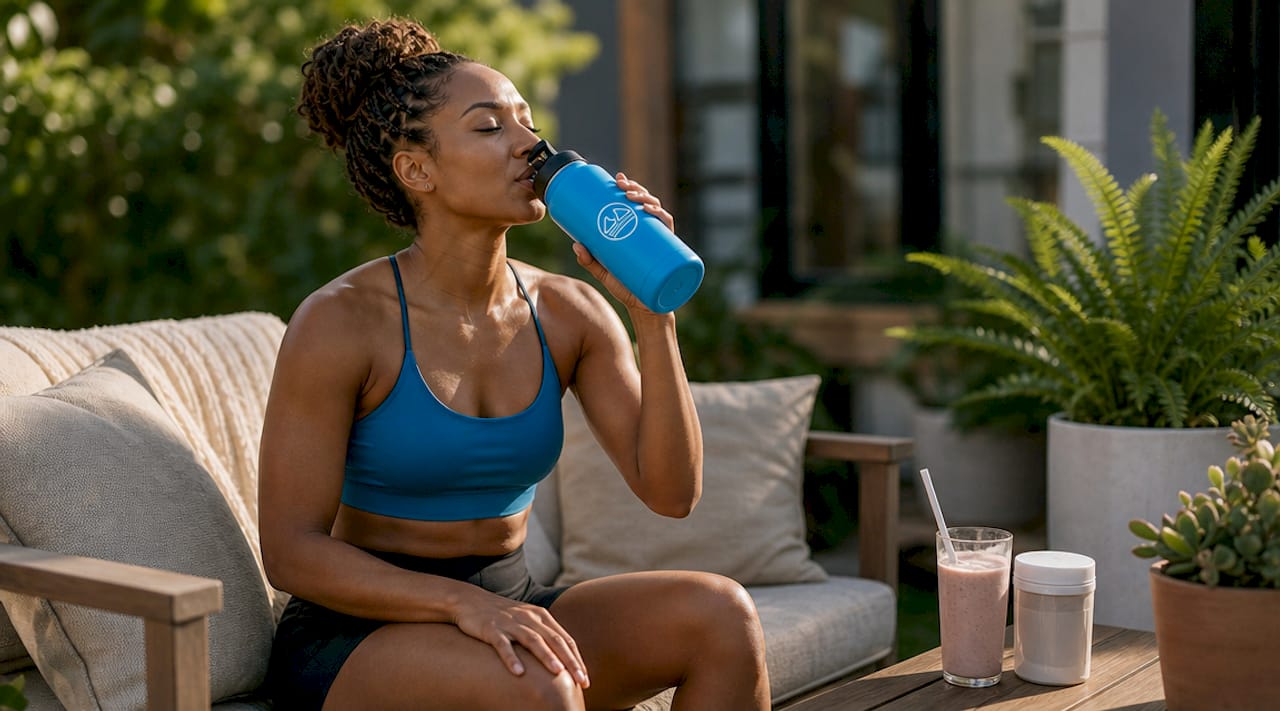 1783226162911 Woman Hydrating Post Workout Indoors Woman hydrating post workout indoors