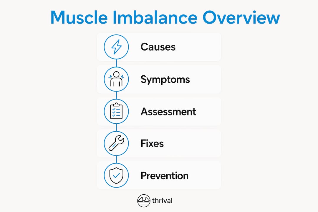 Infographic showing muscle imbalance causes, symptoms, assessment, fixes, prevention