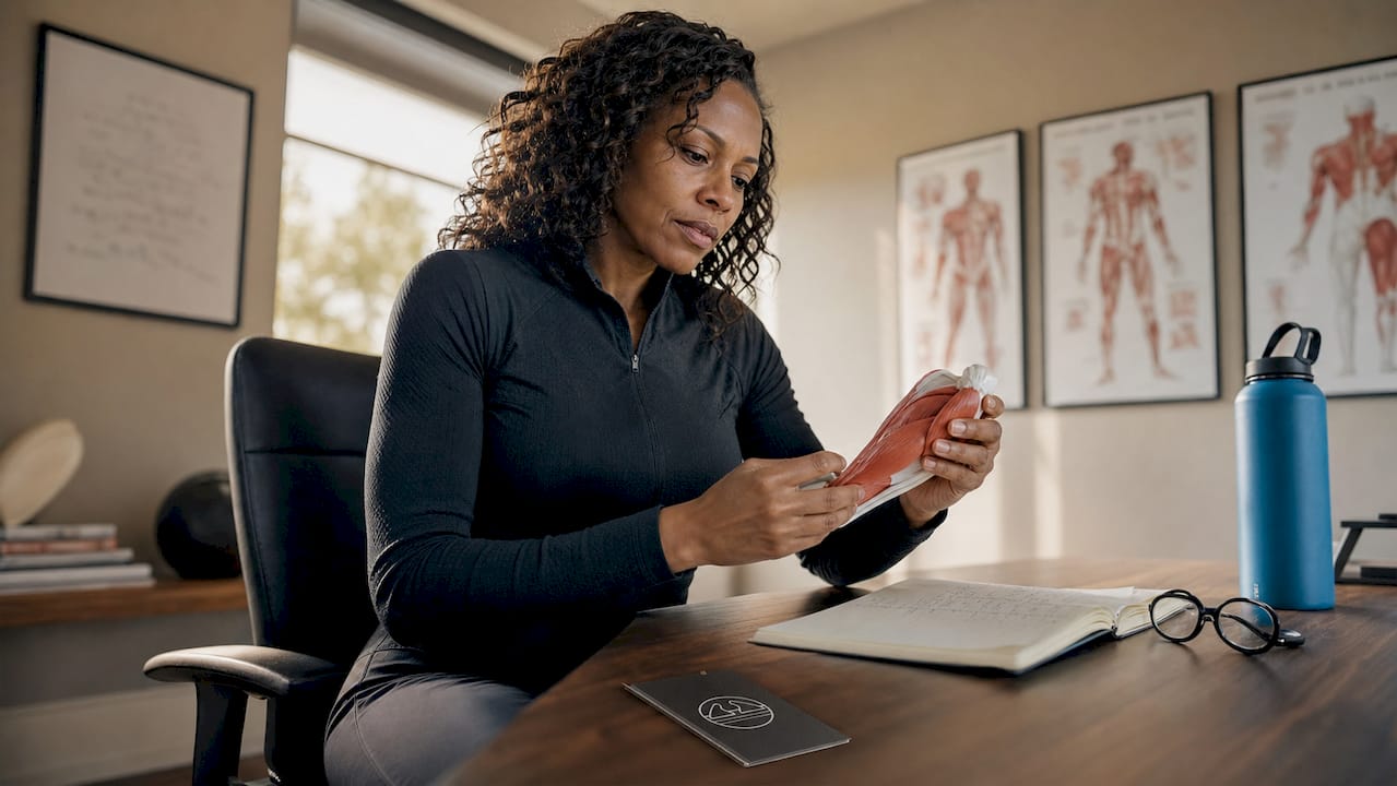 1784012110495 Sports Physiologist Examining Muscle Model In Clinic Sports physiologist examining muscle model in clinic