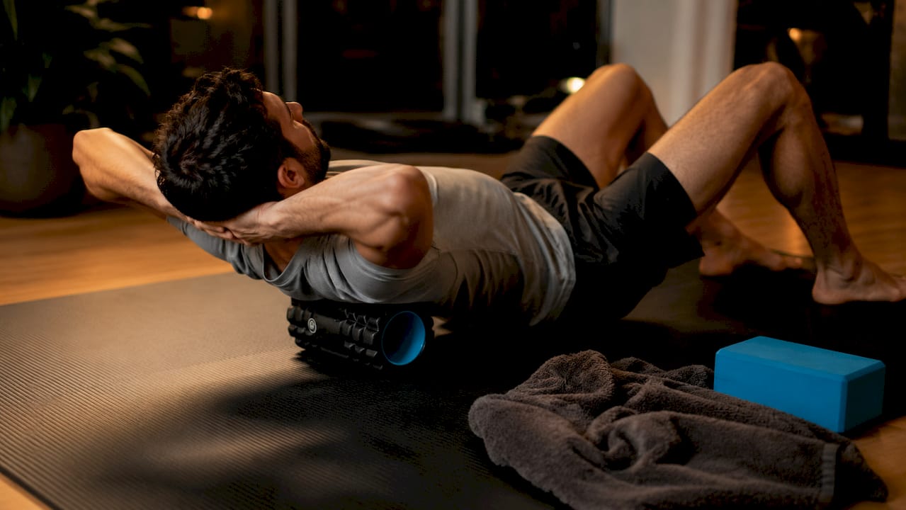 1784381689047 Close Up Of Foam Rolling Upper Back Gym Studio Close-up of foam rolling upper back, gym studio