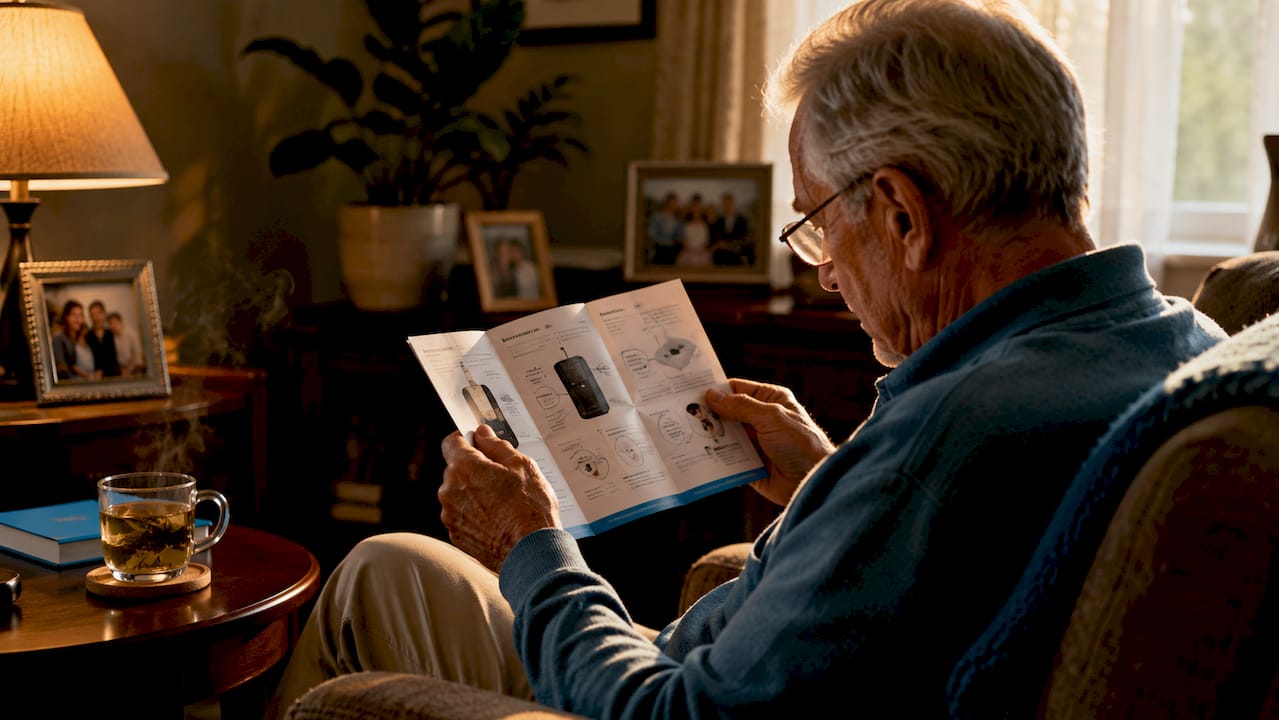 1784624114945 Elderly Man Reading Massage Safety Pamphlet Elderly man reading massage safety pamphlet