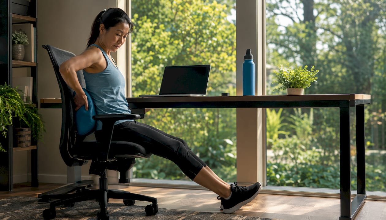 1784971877531 Woman Adjusting Lumbar Support In Office Woman adjusting lumbar support in office