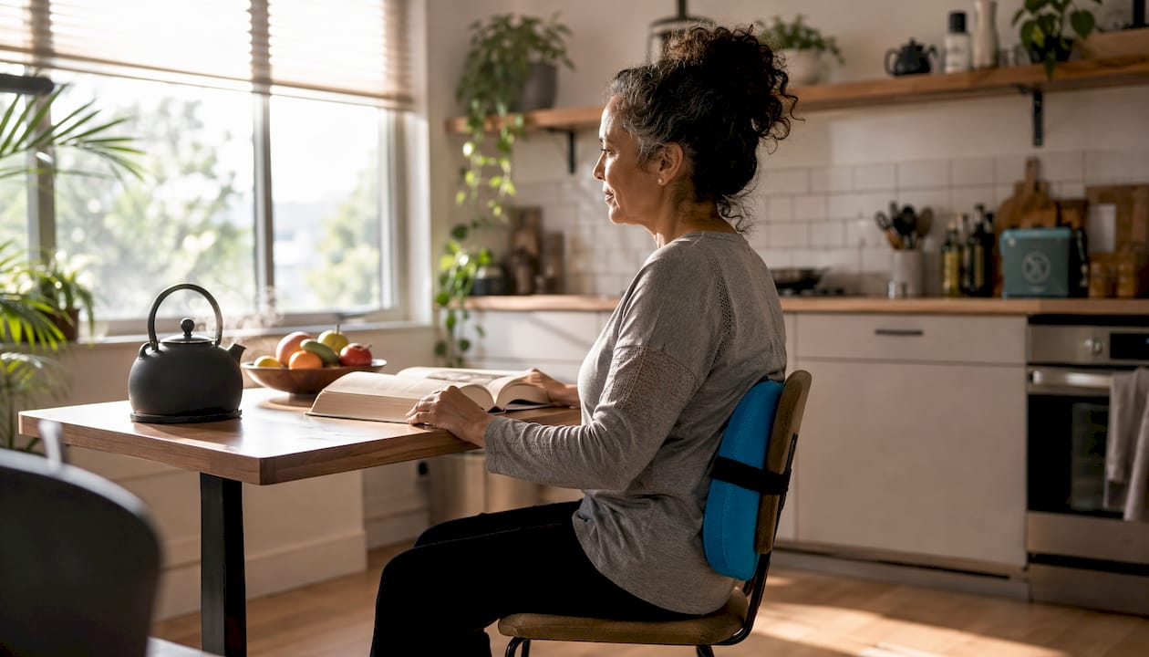 Woman sitting with lumbar support cushion at desk