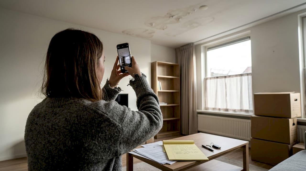 De huurder legt de lekkage vast op foto als bewijs.