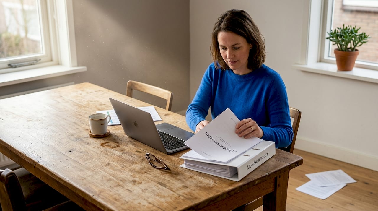 Thuis aan de eettafel is een vrouw bezig haar werkpapieren op orde te brengen.