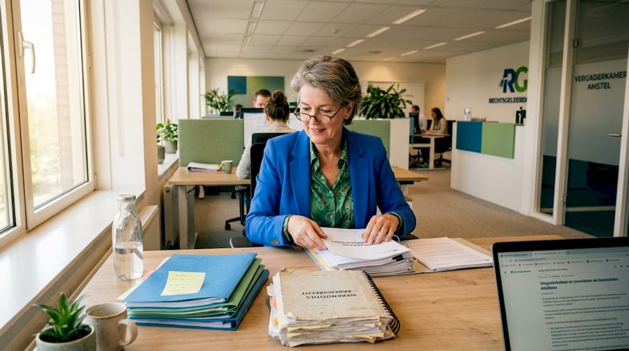 De bedrijfsjurist bekijkt en ordent het ontslagdossier aan zijn bureau.