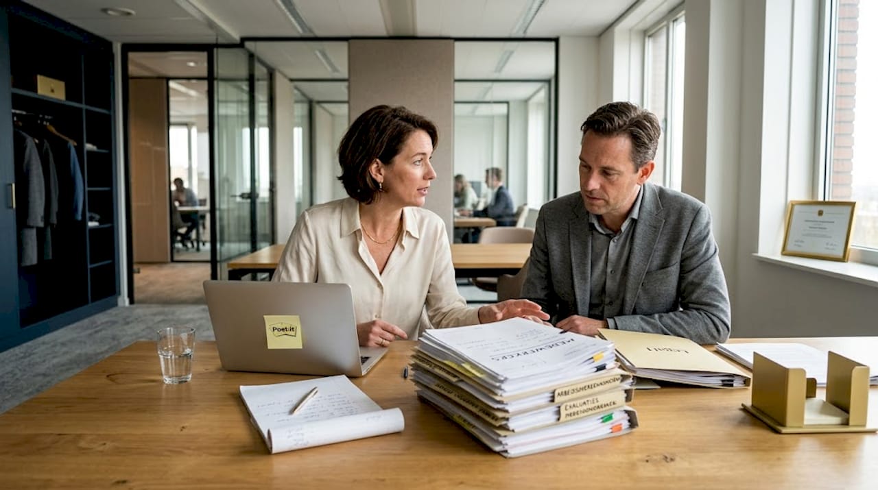 De HR-manager overlegt met een collega over het ontslagdossier.