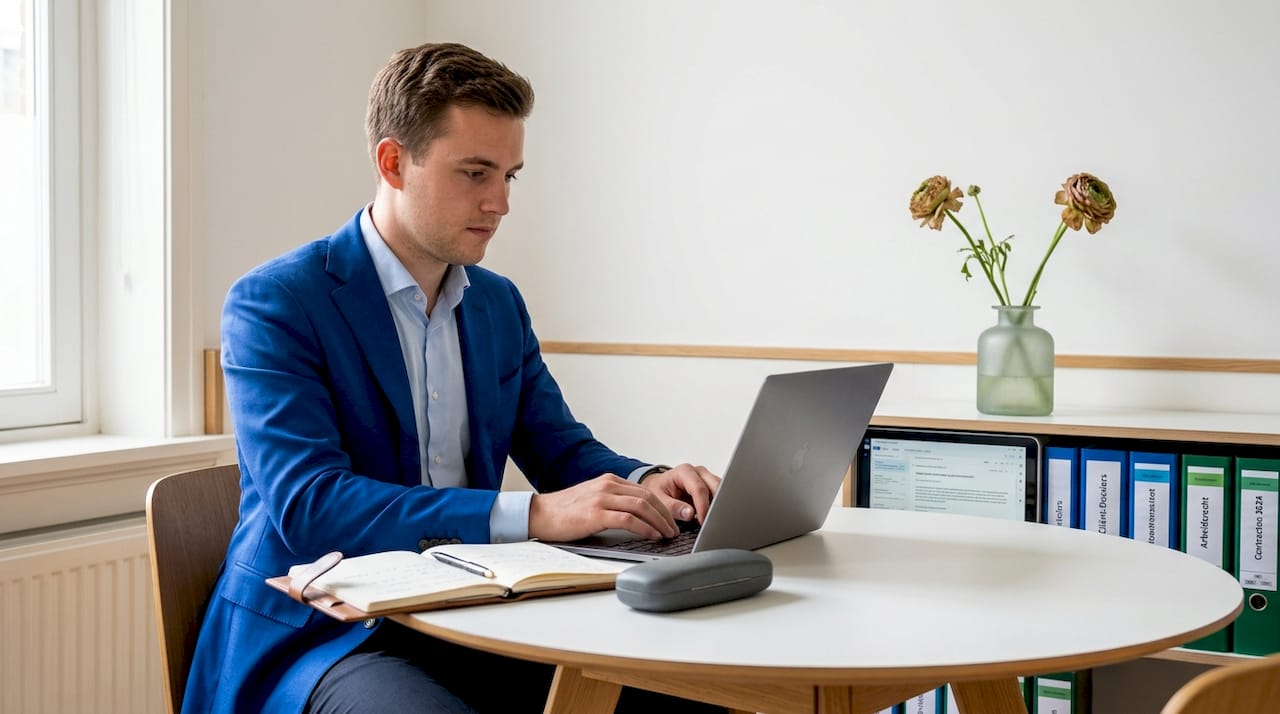 Een jurist zit achter zijn bureau en voorziet cliënten van juridisch advies.