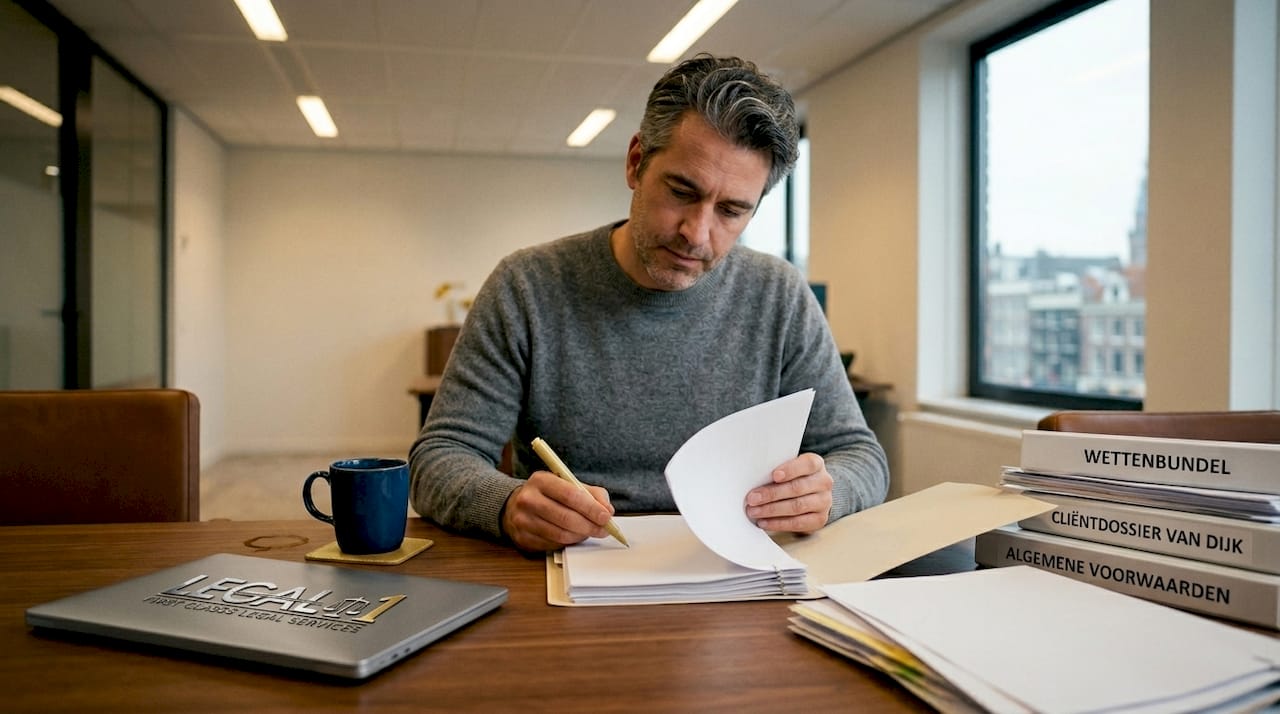 Een man zit aan zijn bureau en bladert aandachtig door een stapel papieren.
