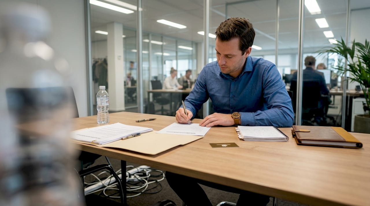 De medewerker zet zijn handtekening onder het contract voor een vast dienstverband.