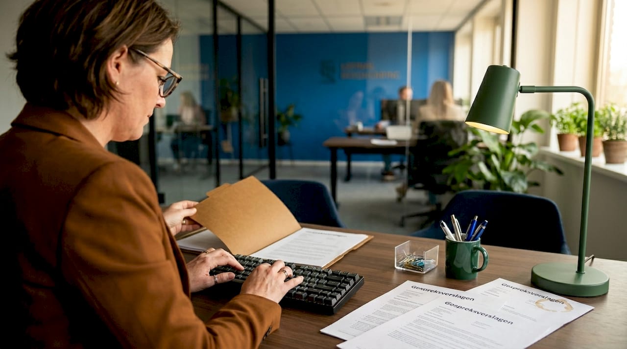 Een HR-medewerker legt het verloop van het gesprek bij een arbeidsconflict zorgvuldig vast.