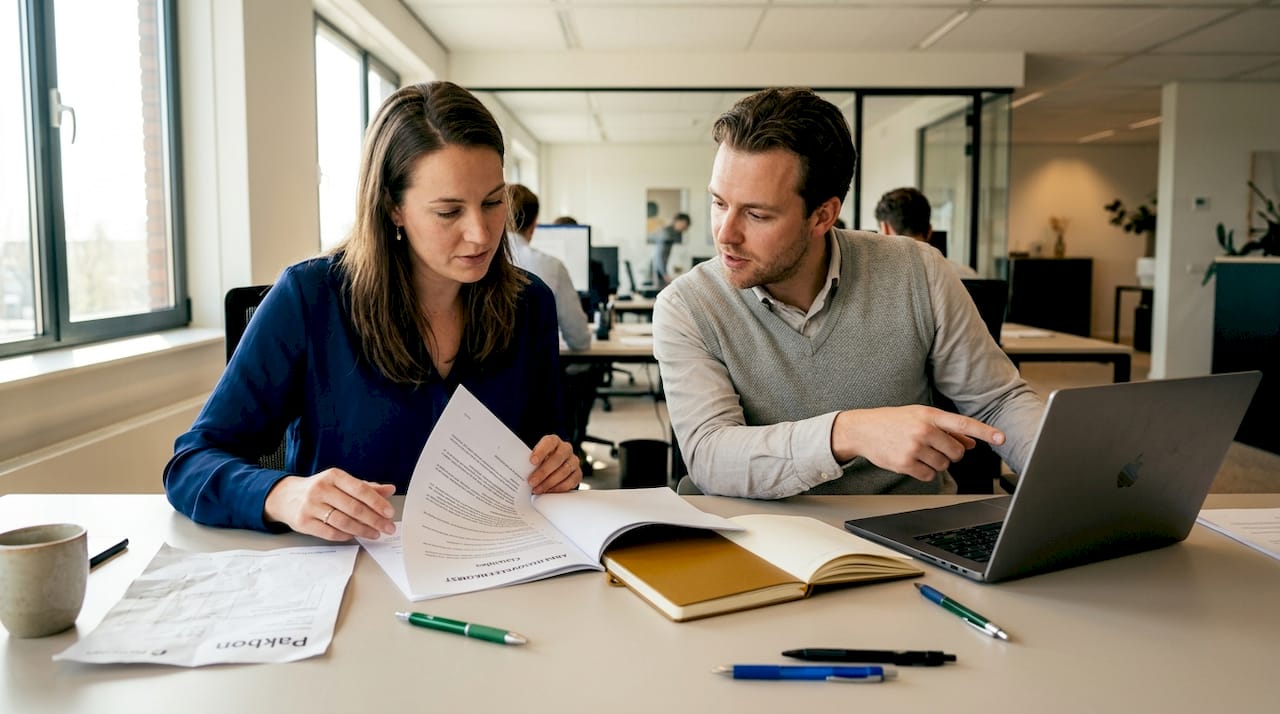 Collega’s zitten samen aan hun bureau om de arbeidsvoorwaarden door te nemen.