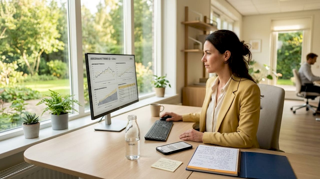 Een vrouw verdiept zich vanuit haar thuiswerkplek in arbeidsmarktdata.