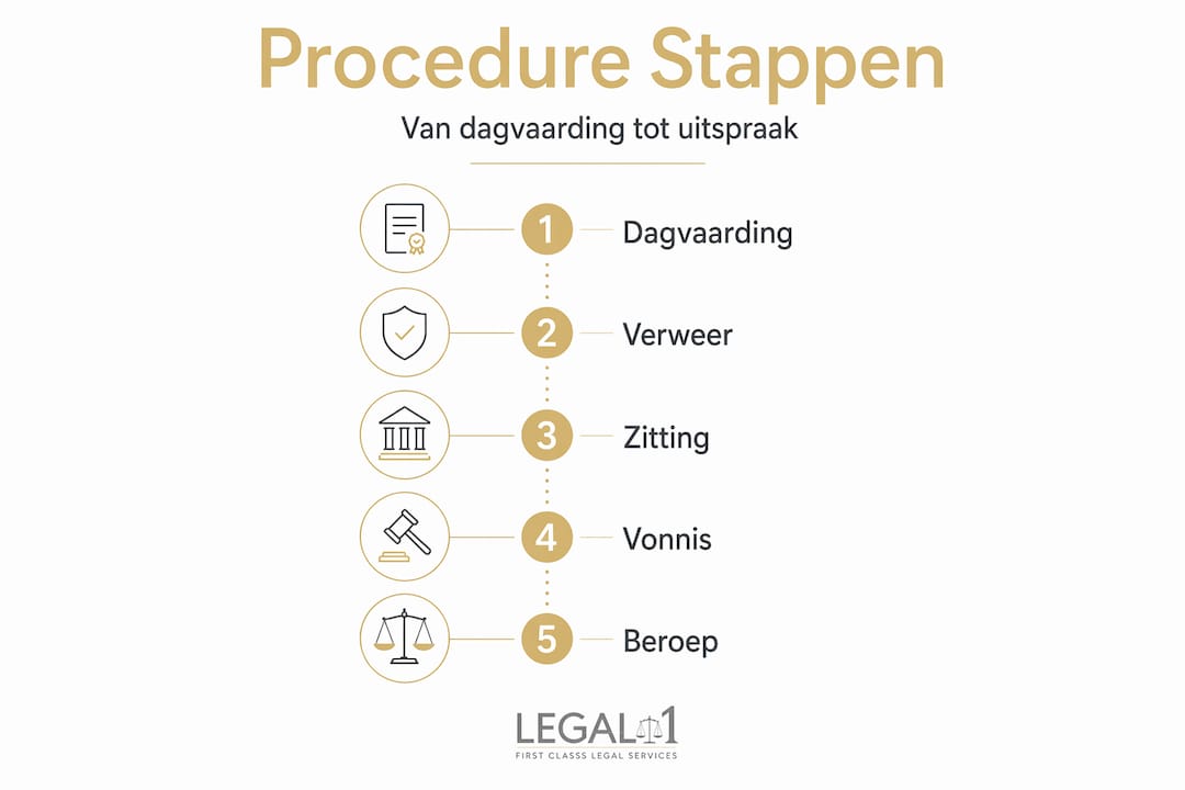 Visuele weergave van de stappen binnen een rechtszaak