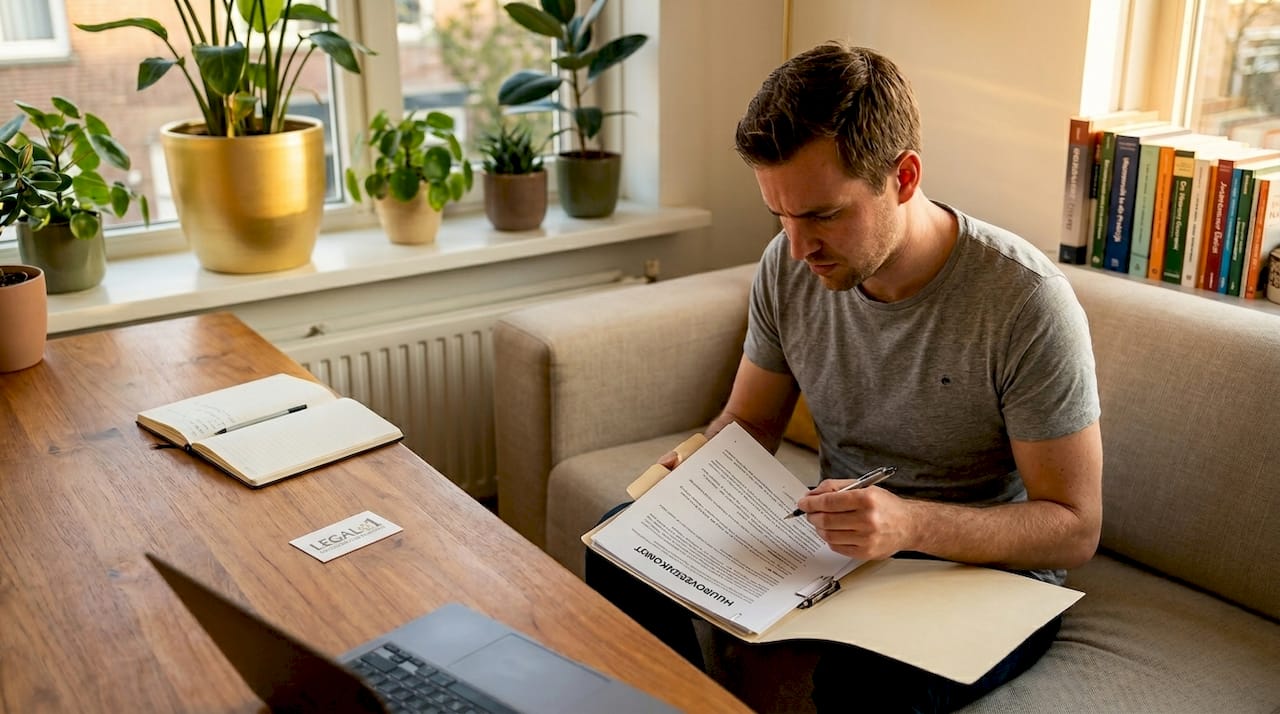 Man zit aan de keukentafel rustig zijn huurovereenkomst door te nemen.