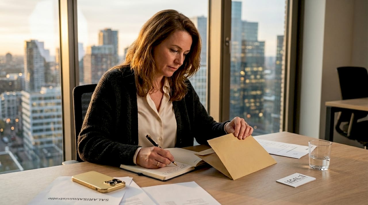 Een HR-medewerker is bezig met het afhandelen van een loonbeslag aan haar bureau.