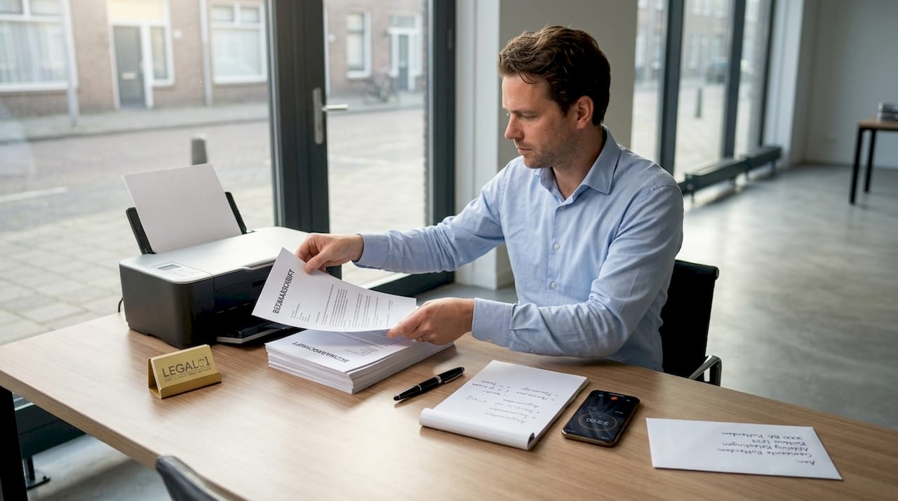 Man stelt bezwaarschrift op, print het uit en voegt alles thuis samen in een ordner.