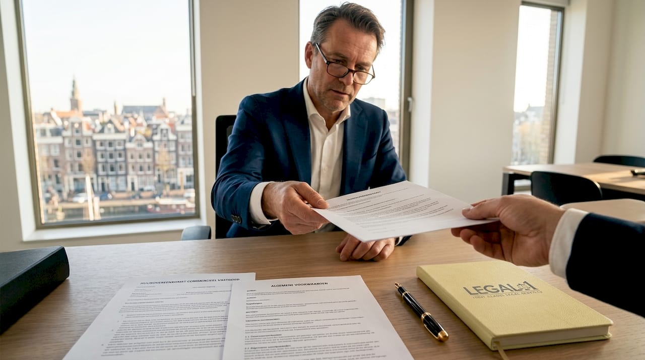 Een man overhandigt een contract aan zijn collega.