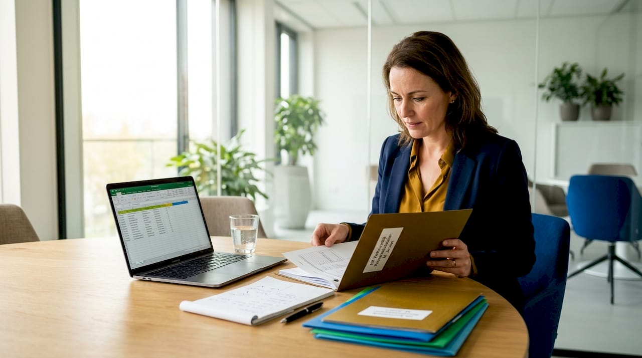 De HR-manager zit aan haar bureau en bladert door het personeelsdossier.