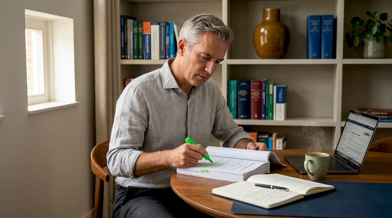 Jurist buigt zich thuis aan de eettafel over een contract