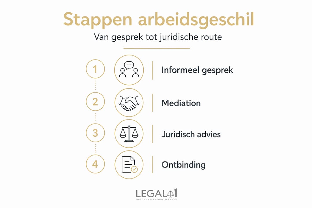 In deze infographic zie je in één oogopslag welke stappen je kunt nemen bij een arbeidsconflict.