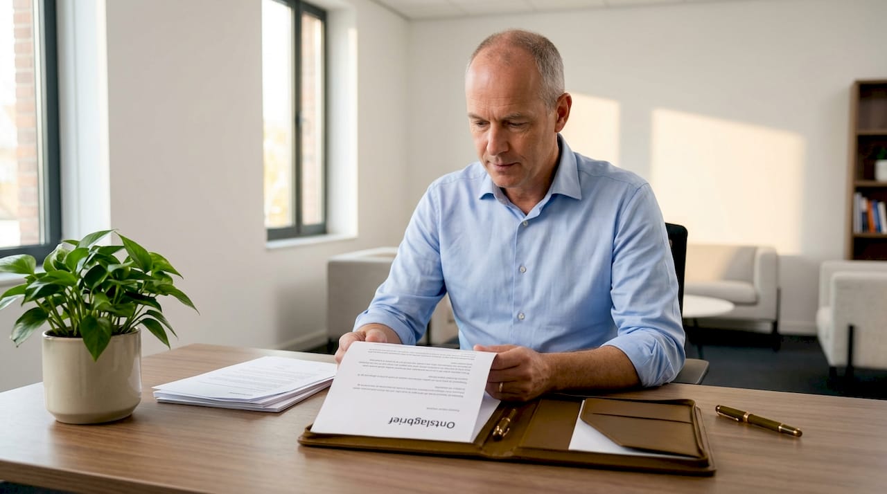 Werkgever bekijkt ontslagbrief aandachtig aan zijn bureau
