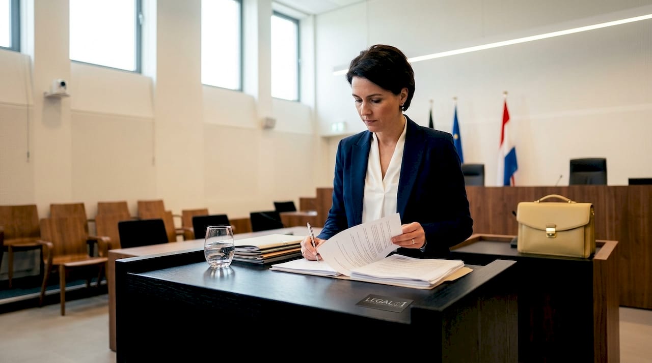 Een advocaat die zich voorbereidt op een zitting in de rechtszaal.