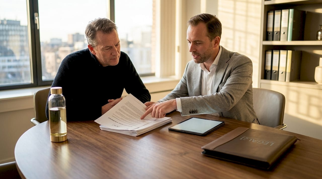 Een juridisch adviseur geeft een klant deskundig advies over een contract.