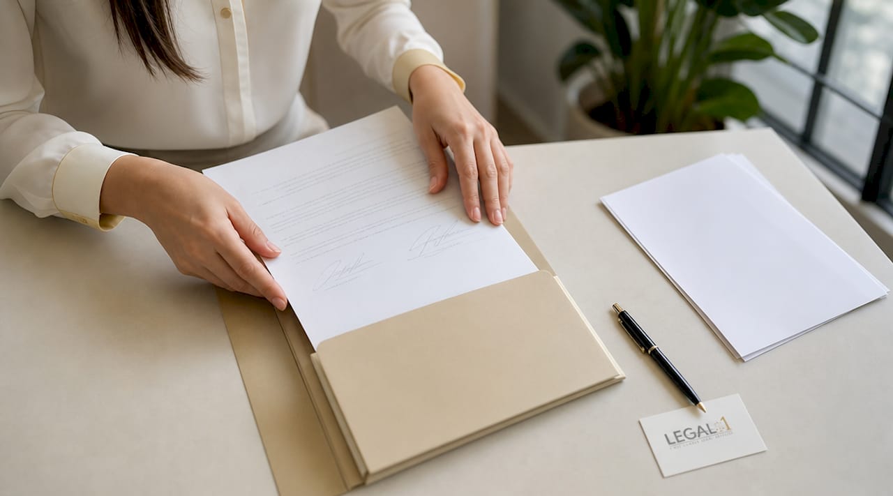 Iemand bergt een zojuist ondertekend contract netjes op in een ordner.