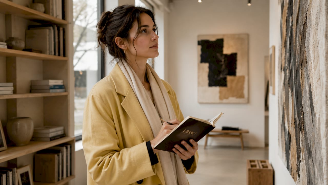Een vrouw observeert de kunstwerken aandachtig en maakt aantekeningen.