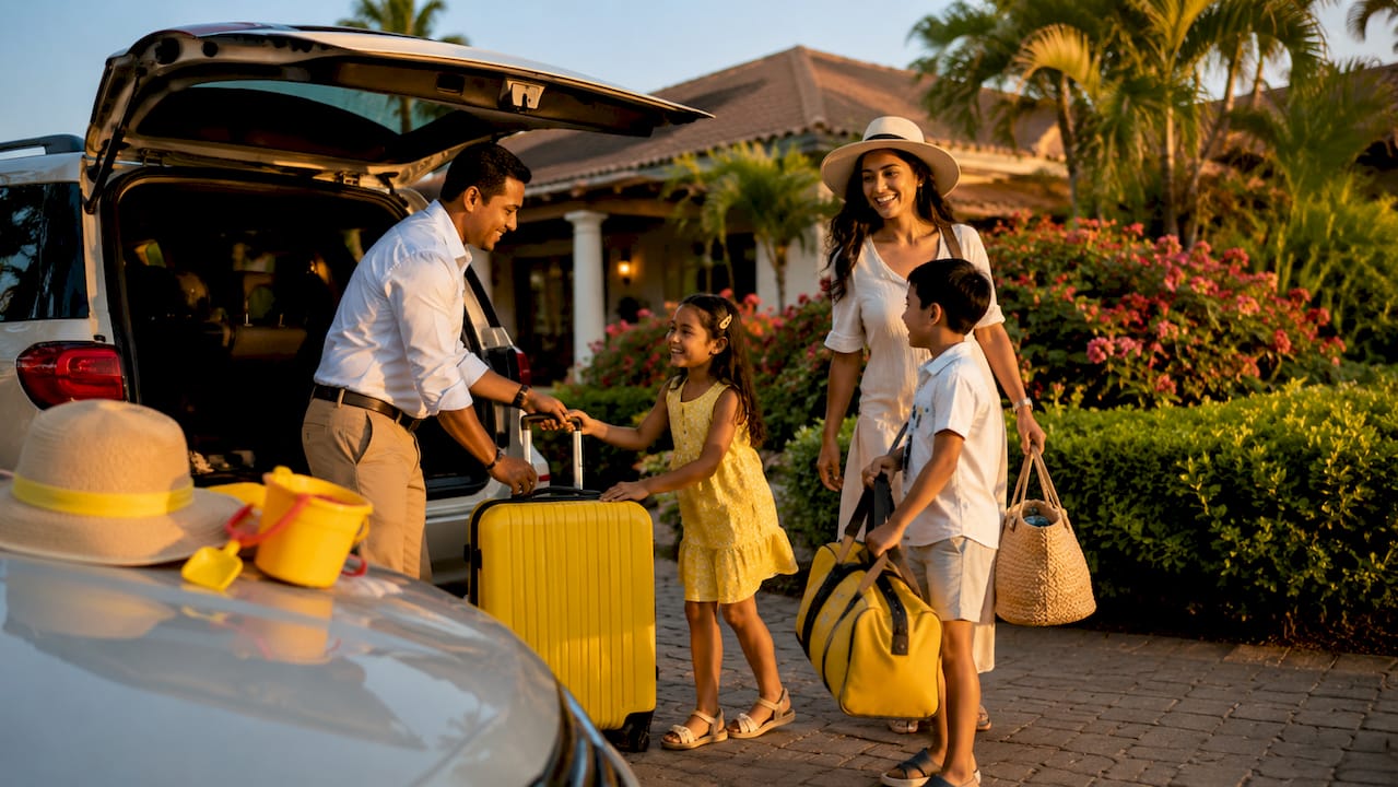 Family arriving at resort with chauffeur