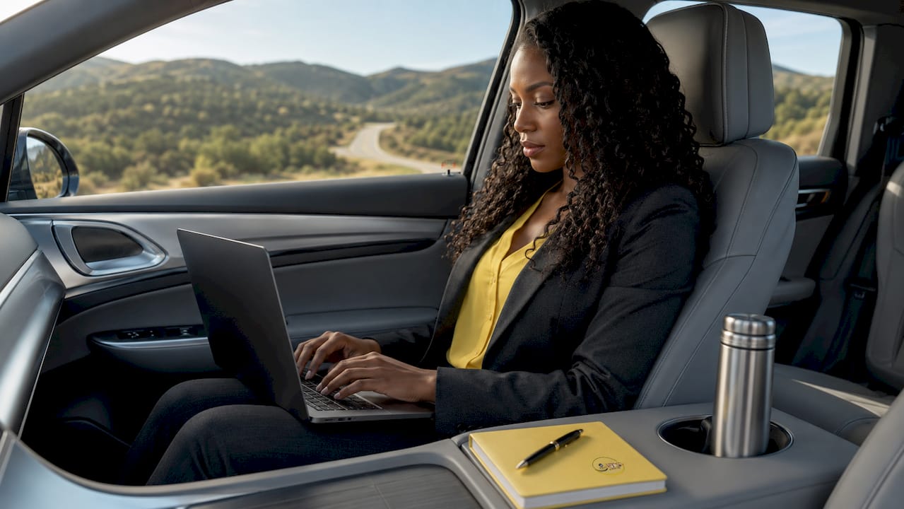 Businesswoman working on laptop inside chauffeur car