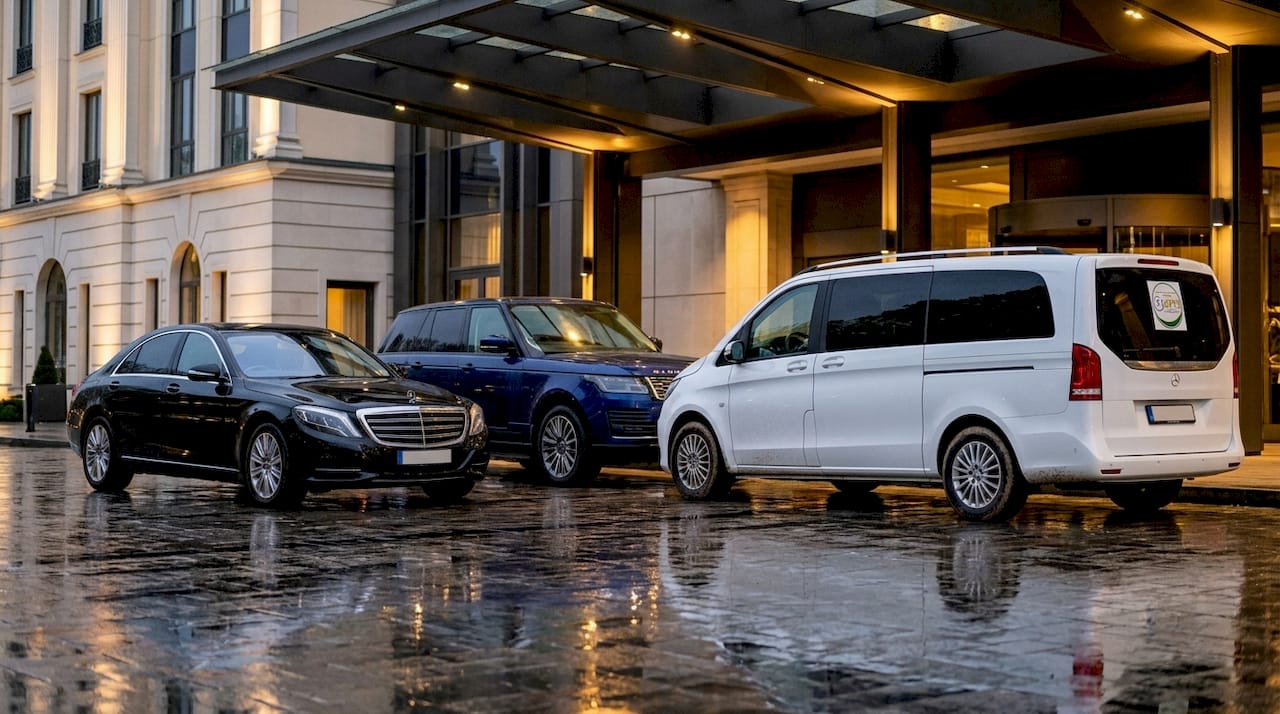 Luxury executive fleet vehicles parked outside airport terminal