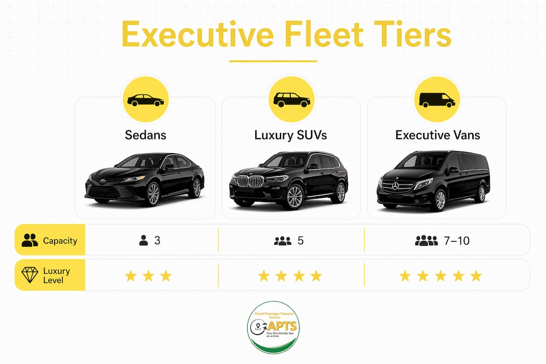 Infographic illustrating airport executive fleet types hierarchy