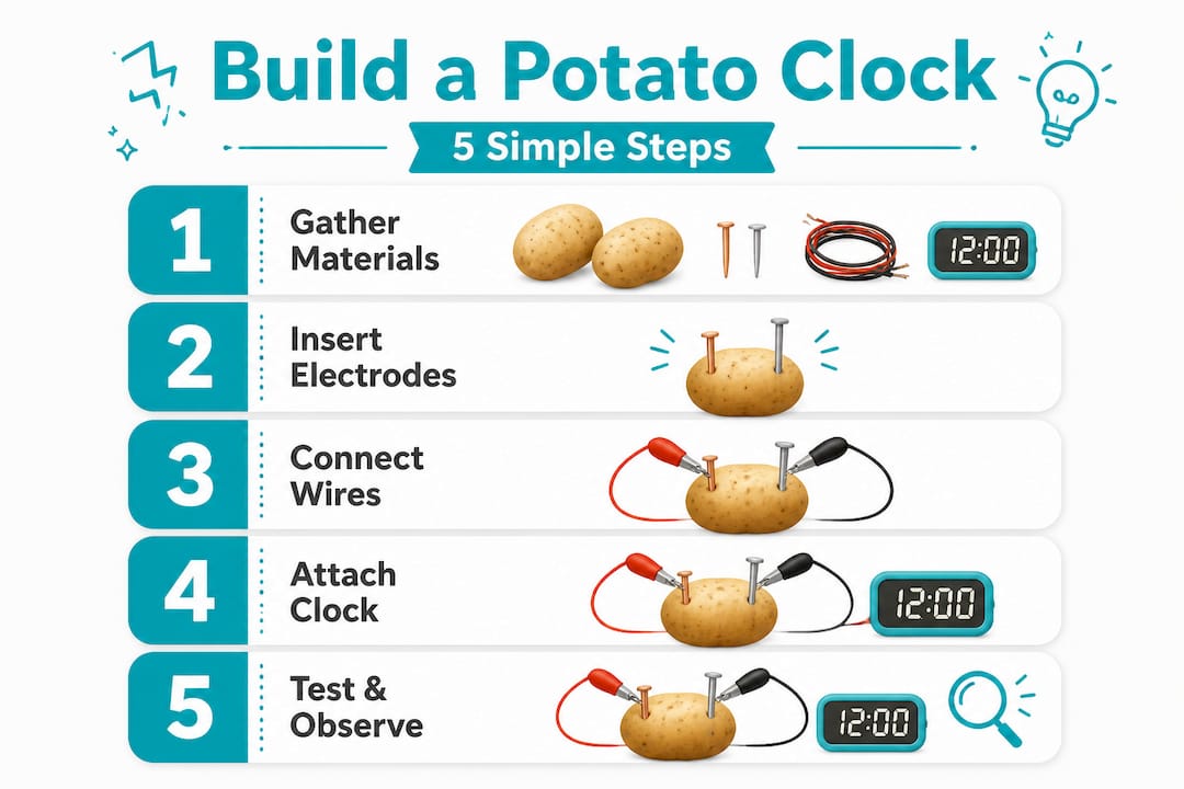Infographic with five steps to build a potato clock