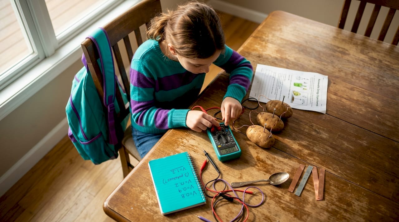 Girl measuring voltage on potato battery setup