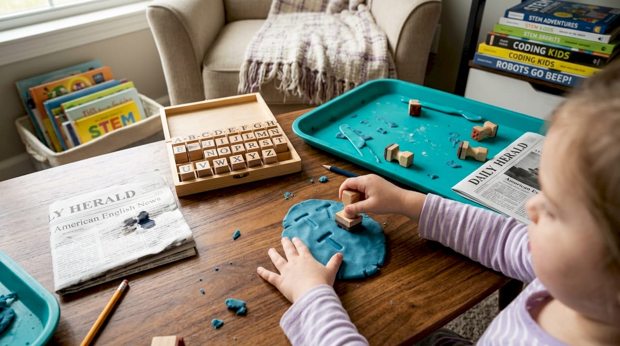 Hands stamping letters in play-dough