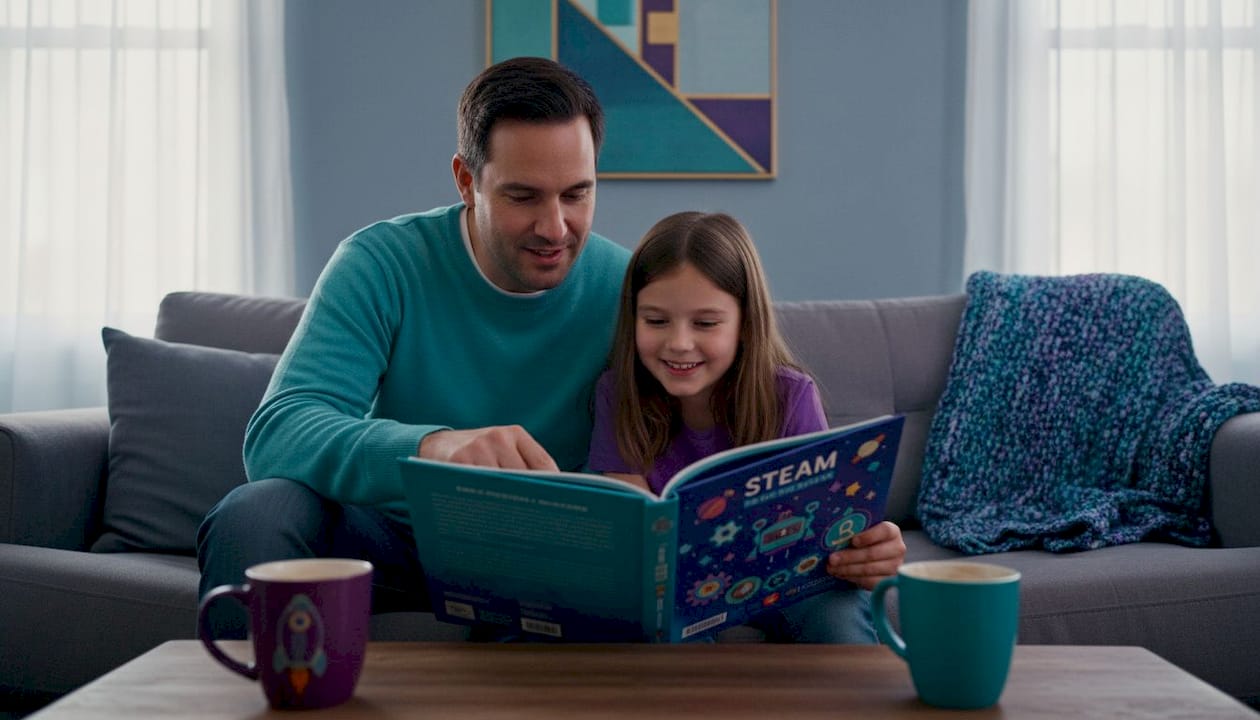 Parent and child explore STEM book together