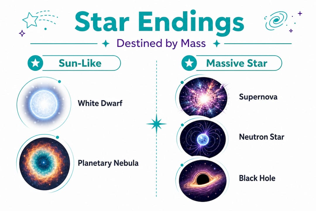Infographic comparing star life cycle outcomes