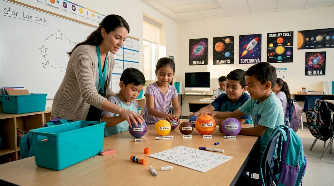 Teacher guiding kids with star cycle models